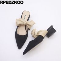 Wholesale cute bow autumn chinese korean designer slides women black chunky mules suede sandals pointed toe ladies shoes slippers