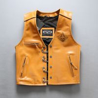 Wholesale Angle Men s Genuine Leather Motorcycle Vest Yellow Back D Skull Punk Thick Cowhide Vest Bomber Sleeveless Jacket