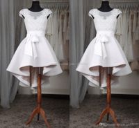 Wholesale White Short Homecoming Dresses Plus Size Sheer Neck Cap Sleeves Appliques Lace Satin Custom Made High Low Prom Dresses Fast Shipping
