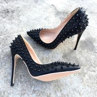 Wholesale fee new style Casual Designer Black matt leather studded spikes point toe high heels shoes pumps cm cm cm brand new