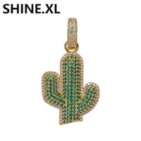 Wholesale Hip Hop Solid Black Cactus Micro Paved Zircon Pendant Necklace with Stainless Steel Rope Chain Cuban Chain