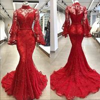 Wholesale Red Elegant Prom Dresses High Neck Lace Appliques Poet Long Sleeves Cocktail Party Gowns Sweep Train Mermaid Evening Dresses