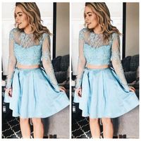 Wholesale Lace Long Sleeves Two Piece Homecoming Dresses Modest Beading Formal Short Graduations Party Gowns Simple Custom Vestidos De Marriage
