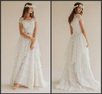 Wholesale Bohemian New Summer Beach Wedding Dresses Boho Lace Scoop Short Sleeve Tiered Long Bridal Gowns Custom Made China