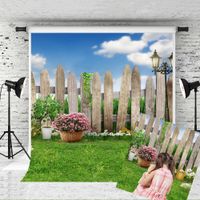 Wholesale Dream x7ft Spring Garden Photography Backdrops Wood Fence Lawn Photo Background Blue Sky Cloud Backdrop for Children Party Picture Studio