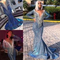 Wholesale glitter blue sequins mermaid prom dresses beaded sheer neck long sleeves mermaid evening gowns with tassels long formal dresses gala pageant