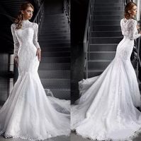 Wholesale Vintage Mermaid Wedding Dresses with Lace Long Sleeves Jacket High Neck Tulle Applique Court Train Bridal Gowns Mariage Noiva Vestido
