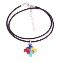 Wholesale HS19 Autism Hope Jewelry Multi Colored enamel puzzle Piece Pendant with Wheat link Chain Leather cord chain Snake Chain Bead necklace