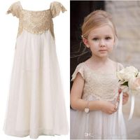 Wholesale Vintage Flower Girl Dresses for Bohemia Wedding Cheap Floor Length Cap Sleeve Empire Champagne Lace Ivory Tulle First Communion Dresses