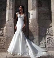 Wholesale 2020 Sexy Beautiful White Wedding Dresses Illusion Scoop Neck Short Sleeves Lace Appliqued Mermaid Wedding Gowns Sweep Train MP018