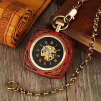 Wholesale Vintage Automatic Royal Red Bamboo Square Men Pocket Watch Wood Pocket Watch Retro Antique Gifts for Women Reloj De Bolsillo