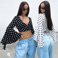 Wholesale Designer Polka Dot T Shirts Fashion Bell Sleeve Natural Color Tops Sexy V Neck Crop Tops Womens Clothing Womens