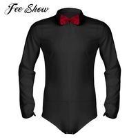 Wholesale Feeshow Mens Long Sleeve Zipper Romper Tuxedo Shirt Camisas Hombre Solid Color Soft Smooth Latin Modern Dance Shirt with Bowtie