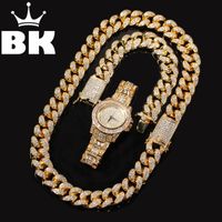 Wholesale 2cm Zircon Gold Color Iced Out Crystal Miami Cuban Chain Gold Silver Necklace Bracelet watch Set HOT SELLING THE HIP HOP KING
