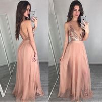Wholesale Sexy Rose Gold Bridesmaid Dresses Deep V neckline Pink Tulle Long Prom Dresses Backless Sequins Maid Of Honor Party Dress