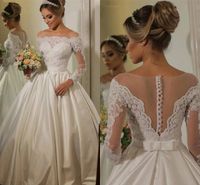 Wholesale Long Sleeves Wedding Dresses Lace Appliques Beaded A line Satin Sheer O Neck Bridal Gowns Bride Dress Vestido De Noiva