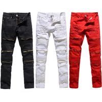 Wholesale Trendy Mens Destroyed Ripped Jeans Black White Red Fashion College Boys Skinny Runway Straight Zipper Denim Pants Jean
