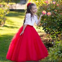 Wholesale New White and Red Little Flower Girls Dresses Half Sleeves Lace Princess Party Gowns A Line Tulle Communion Dress