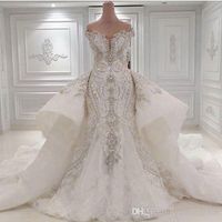 Wholesale Real Picture Luxury Lace Mermaid Wedding Dresses With Detachable Overskirt Dubai Arabic Portrait Sparkly Crystals Diamonds Bridal Gowns