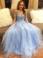 Wholesale Bling Gorgeous A Line Spaghetti Straps Sky Blue Tulle Quinceanera Dresses Beaded Crystal Sweet Girls Lace Up Prom Gowns