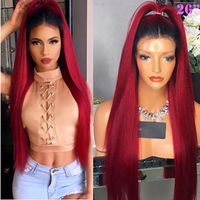 Moda Dark Roots Largo Sedoso Pelucas Rectas 2 Tonos Borgoña Pelo Suizo Frente Del Cordón Sintético Resistente Al Calor Ombre Vino Rojo Pelucas De Las