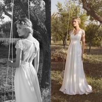 2019 Vente En Gros Mousseline De Soie V Cou Rembo Styling Plage Robes De Mariée à Manches Courtes Dentelle Appliques Robes De Mariée Enceinte Creuse