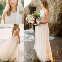 Wholesale 2018 Ivory Beach Wedding Dress Dropped Waist Open Back Bridal Gowns Chiffon Pleated Halter Bride Dresses Summer Autumn Simple Greek Style