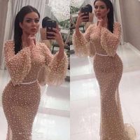 Wholesale Cheap New Sexy Dubai Arabic Mermaid Long Sleeves Evening Dresses Wear Pearls Champagne Jewel Neck Sheer Back Formal Prom Gowns Party Dress