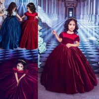 Wholesale 2020 Burgundy Velvet Princess Flower Girls Dresses Jewel Neck Short Sleeves Birthday Party Gowns Pageant Dress