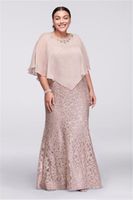 Wholesale 2019 mermaid Mother Of the Bride Dresses with shawl Jewel Neck Champagne Full Lace With Cape Wrap Beaded Floor Length Mermaid Wedding Guest