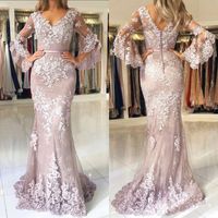 Wholesale Summer Lace Mermaid Wedding Dress Beach Style V Neck Trumpet Bell Sleeves Appliqued Nude Pink Sweep Train Bridal Gowns
