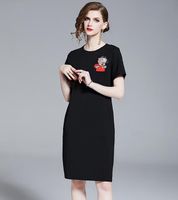 Wholesale crew neck pig embroidery printed black mini dress slim fit A line summer party dresses knee length short sleeve