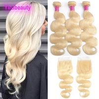Wholesale Malaysian Body Wave Bundles With Lace Closure X4 Baby Hair Extensions Bundle inch Blonde Color