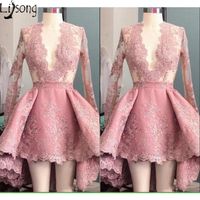 Wholesale Hot Dusty Pink Prom Dress Mini Hi low v neck Full Sleeves Womens Special Occasion Party Dress Short Gowns Custom Made Lace evening Dress