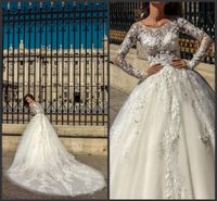 Wholesale 2019 New Long Sleeve Mila Nova Lace Wedding Dresses Scoop Neck Appliques Court Train Bridal Gowns Vestido De Novia Custom Wedding Dress