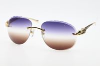 Wholesale Good Quality Sun Glasses Hot Rimless Metal leopard Sunglasses Hot Unisex Glasses with box Carved New purple Brown