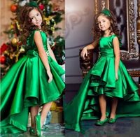 Wholesale Emerald Green Satin Little Girls Pageant Dresses High Low Tiered Prieces Flower Girls Dresses For Weddings Lovely Kids Communion Gown