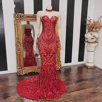Wholesale Modern Long Red Mermaid Prom Dresses Sweetheart African Women Black Girl Sequin Evening Dress Custom Made
