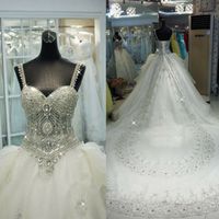 Wholesale Bling Bling Rhinestone Crystals Wedding Dresses With Detachable Skirts Gorgeous A Line Spaghetti Sweep Train Bridal Gowns