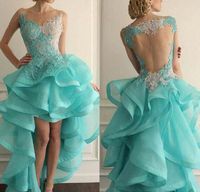 Wholesale Turquoise Front Short Long Back Famous Designer Fancy Evening Dress with Applique Crew Neck Blue Prom Dresses Beads Ruffle Evening Gowns