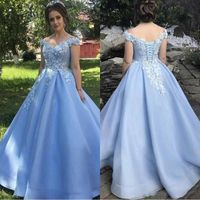 Wholesale Light Sky Blue Prom Dresses Party Queen Floral Appliques Lace Corset Back Off Shoulder A Line Floor Length Evening Gowns