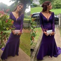 Wholesale Beautiful Deep V Neck Lace Purple Evening Dresses Long Sleeve Celebrity Party Vestido de noche African Formal Long Sleeve Pageant Prom Gowns