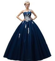 Wholesale Classic Navy Blue Ball Prom Dresses One Shoulder Lace up with Zipper Back Evening Dresses Sparkling Beads Crystal Prom Gowns