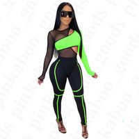 Wholesale Women Sexy See thought Tracksuit Summer Gauze Mesh Patchwork Sports Suit Tops Pants Pieces Sets Bike Cycling Sportswear Outfits D4205