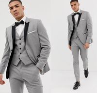 Wholesale 3 Piece Grey Mens Suits Black Lapel Custom Made Wedding Suits for Groom Groomsmen Prom Casual Suits Jacket Pants Vest Bow Tie