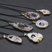 Wholesale Agate Original Stone Hollow Crystal Hole Slice Necklace with Amethyst Gilded Gold Pendant