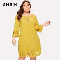 Wholesale 2019 Plus Size Yellow Edge Laser Cut Plain Short Dress Women Spring Three Quarter Length Sleeve Dress