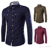 Wholesale More Zipper Shirt Men Snap Button Design Solid Color Long Sleeve Turn Down Mens Casual Shirt Single Breasted Hot Sale