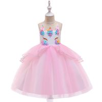Wholesale Girls Unicorn Princess Dress Colors Kids Girls Beaded Embroidered Ball Gown Kids Casual Clothes Girls Bow tie Mesh TUTU Zip Dress