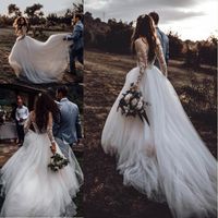 Wholesale 2019 Country Style Boho Wedding Dresses V Neck Long Sleeves Lace Tulle Beach Bridal Gowns Plus Size Custom Made